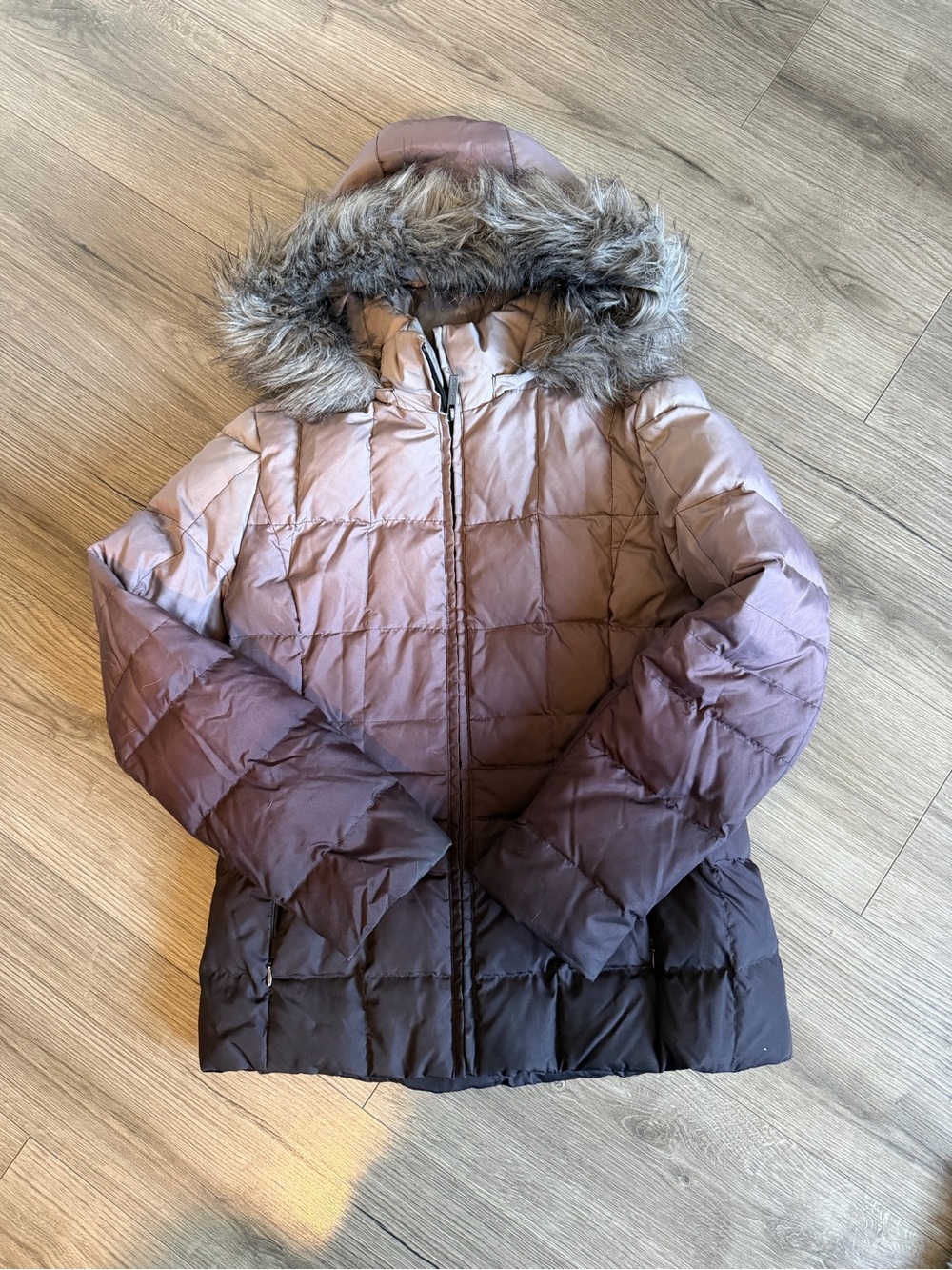 Calvin Klein Ombre Hooded Quilted Puffer Jacket in Purple and Gray